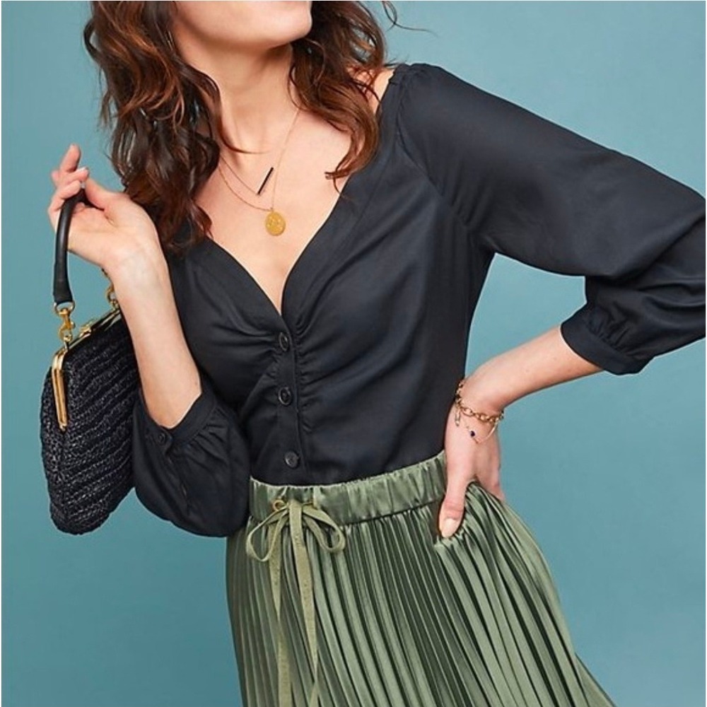 Anthropologie Maeve Morrill Black Ruched V-Neck Button Front Blouse Size 10